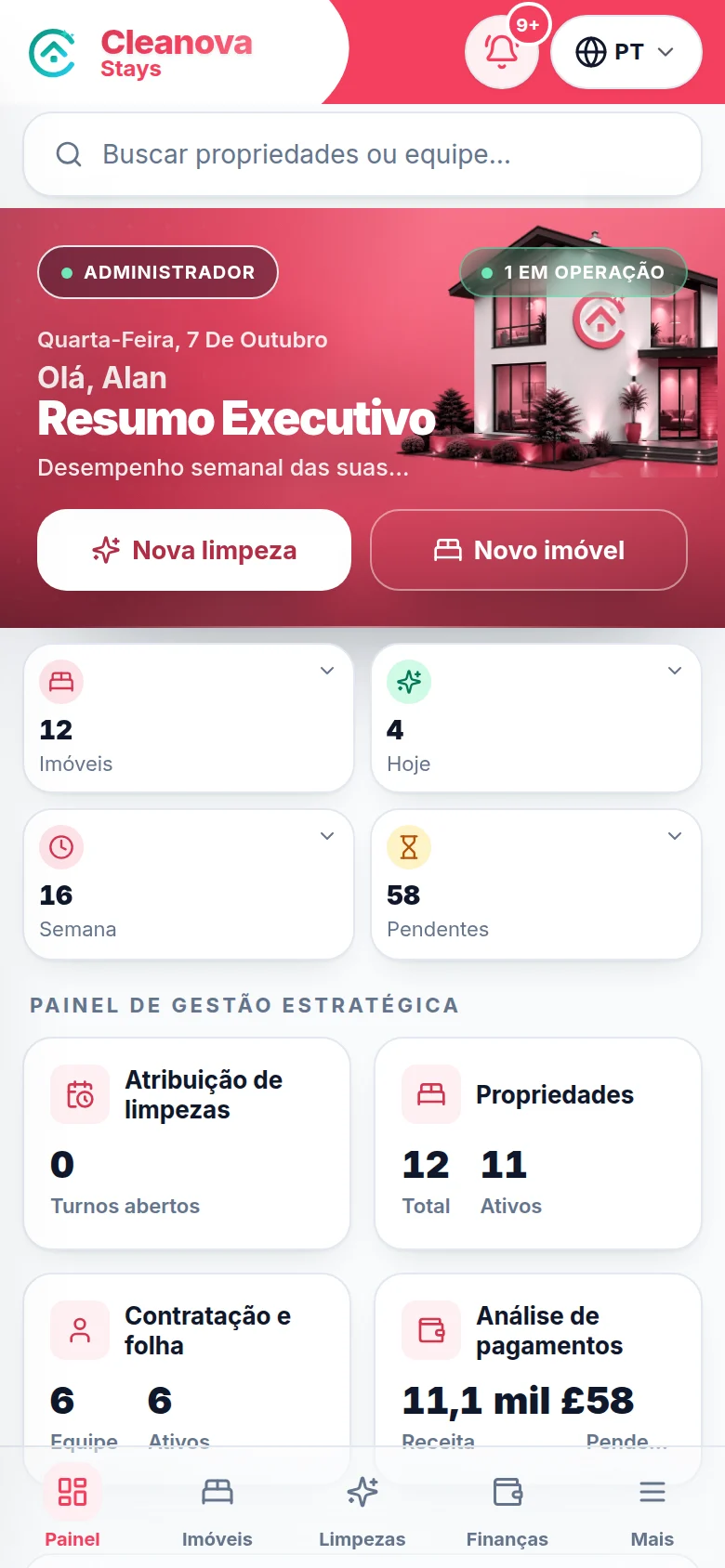 Painel do Cleanova Stays: trocas entre hóspedes, calendário e finanças.