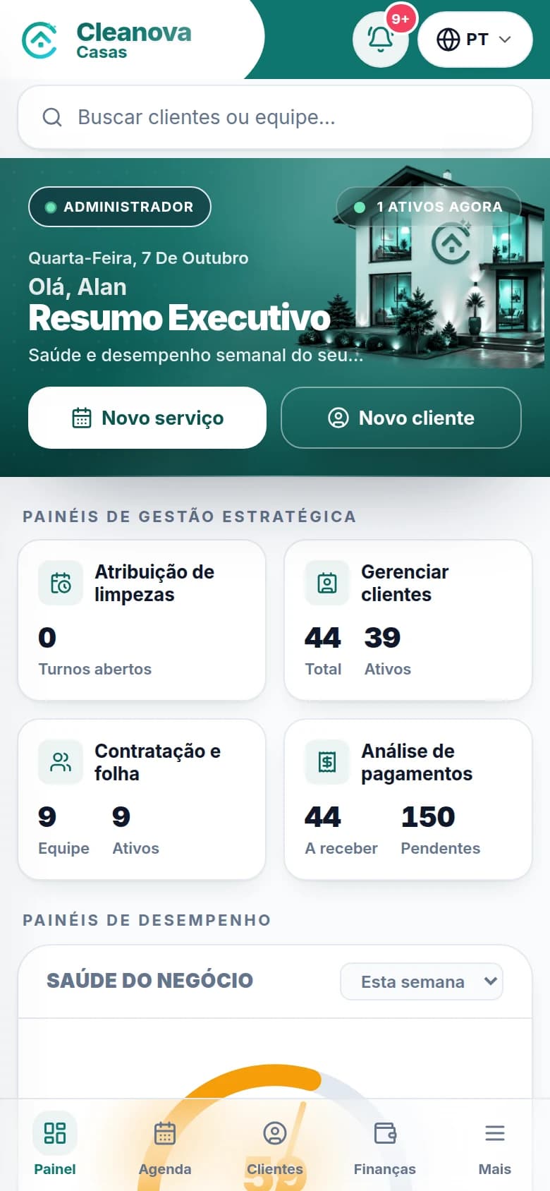 Painel de Casas da Cleanova: clientes, agenda, finanças e operações do dia.