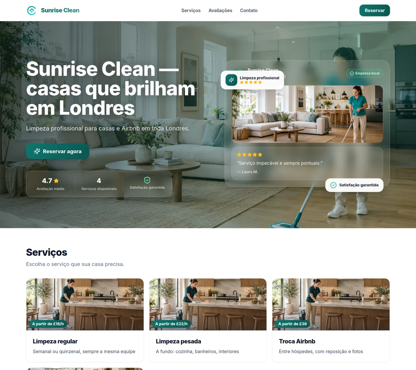 Site de exemplo de uma empresa de limpeza feito com o modelo Signature da Cleanova: capa, avaliações e serviços com preços.