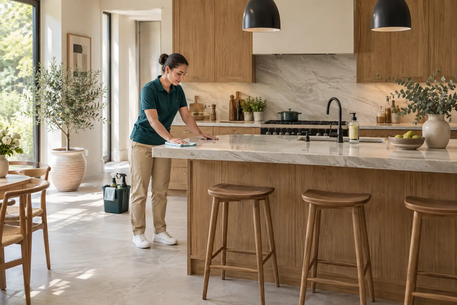 Una profesional de limpieza revisando la calidad en una cocina moderna.