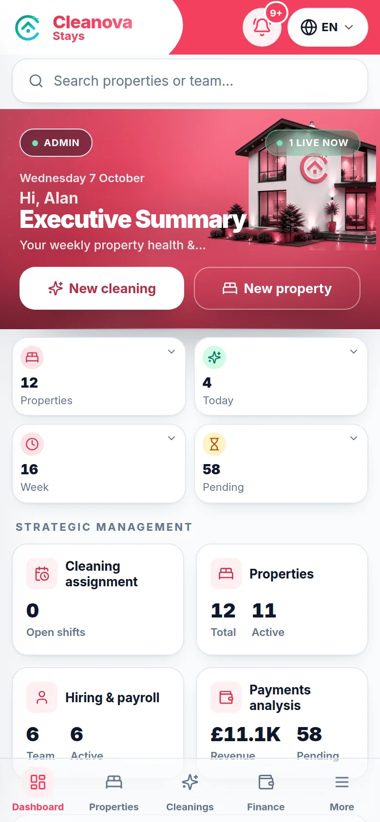 Cleanova Stays dashboard: guest turnovers, calendar and finances.