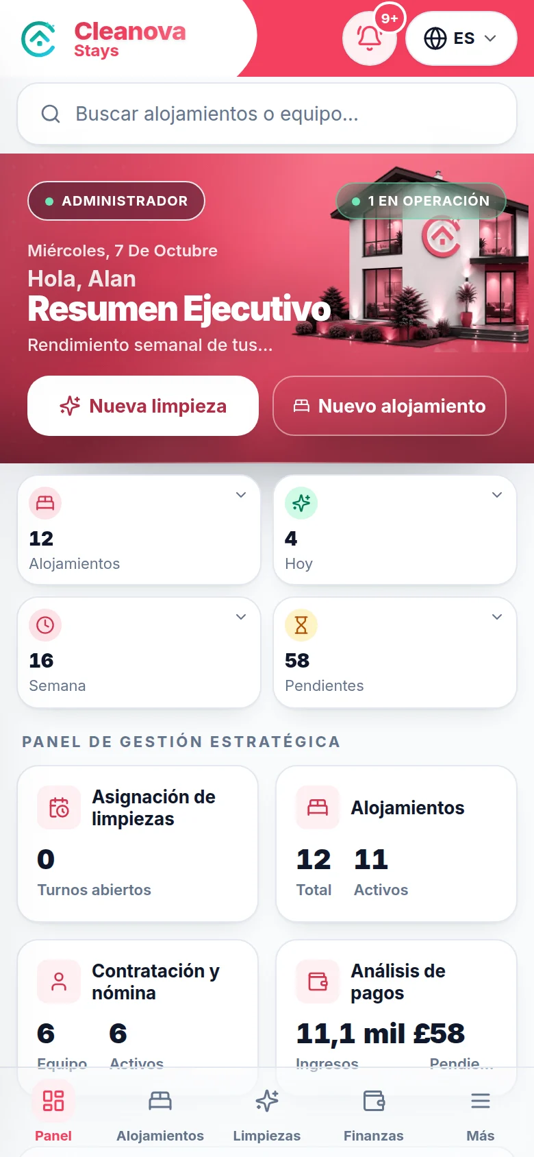Panel de Cleanova Stays: rotaciones entre huéspedes, calendario y finanzas.