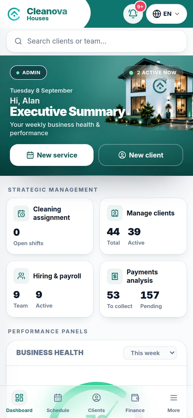 Cleanova Home dashboard: clients, schedule, finances and the day’s operations.