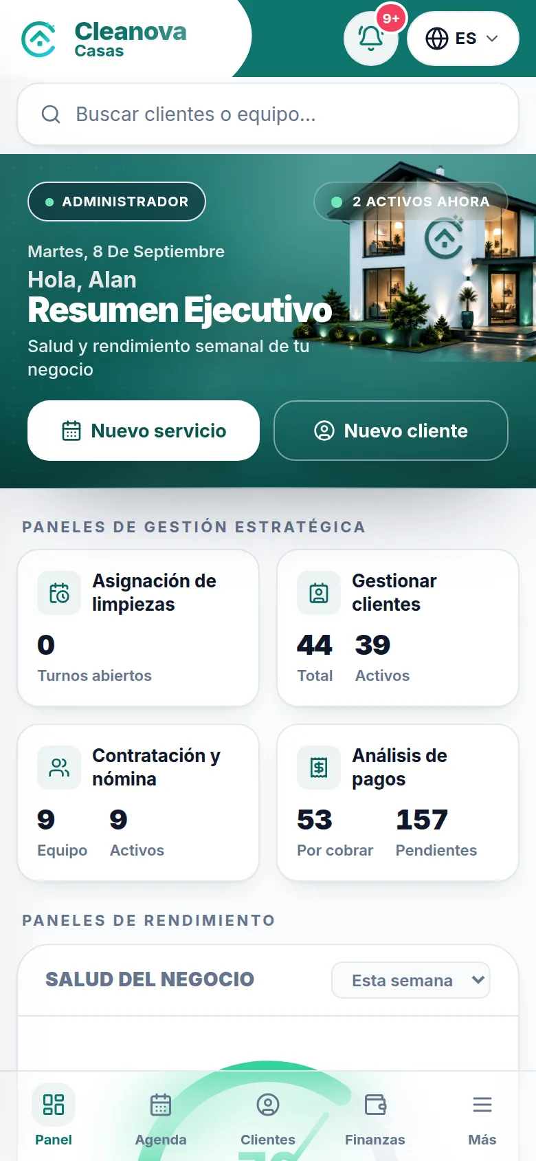 Panel de Casas de Cleanova: clientes, agenda, finanzas y operaciones del día.