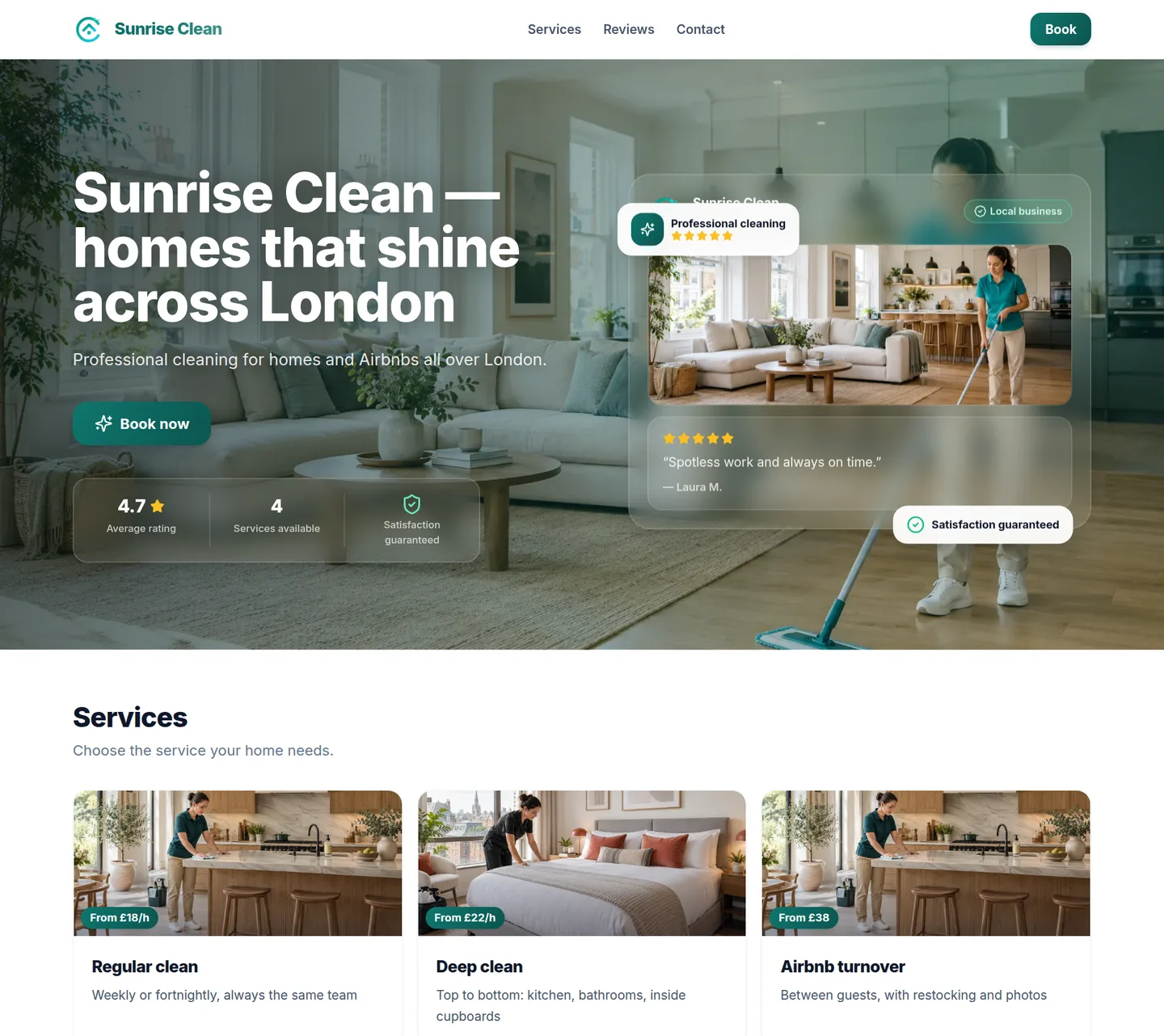 Sample cleaning-company website built with the Cleanova Signature template: hero, ratings and priced services.