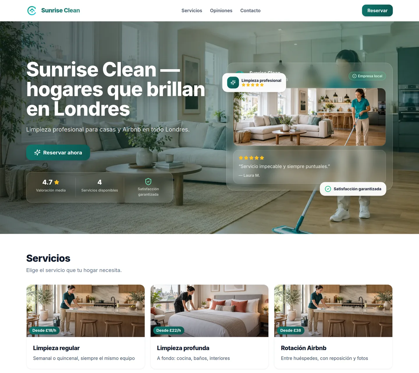 Web de ejemplo de una empresa de limpieza hecha con la plantilla Signature de Cleanova: portada, valoraciones y servicios con precios.